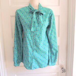 Vintage Florence Alper Neiman Marcus Teal Print Bow Blouse 18 (L/XL)